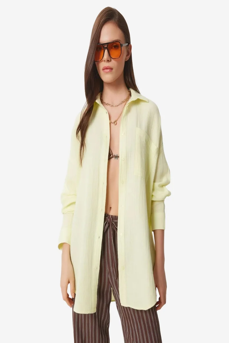Happiness İstanbul ISTANBUL Oversized Textured Cotton Shirt with Pocket