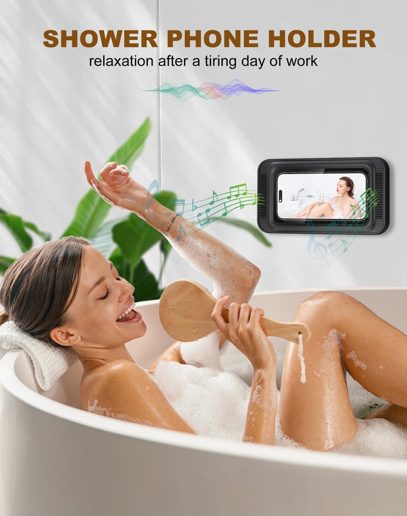 TOCHIO Upgraded Shower Phone Mount Waterproof with Speaker Hole Touch Screen Shower Phone Stand Holder for Bathroom Bathtub Kitchen Wall Mirror for iPhone 1716 15 14 13 12 11 Pro XS XR Max (Black) - Image 3