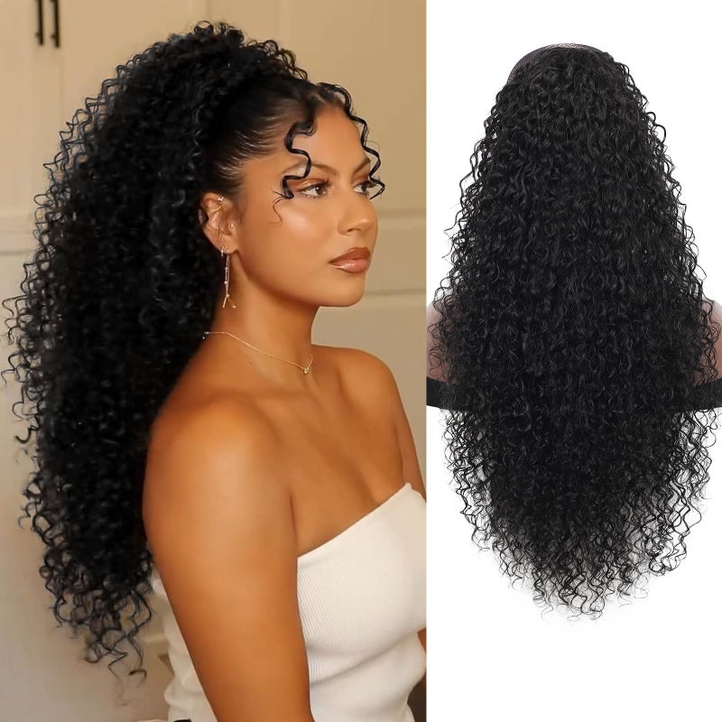 Kalyss Drawstring Ponytail for Black Women Deep Curly Ponytail Extension Synthetic Blended Afro Kinky Curly Pony Tail Hairpieces for Women 27 Inches