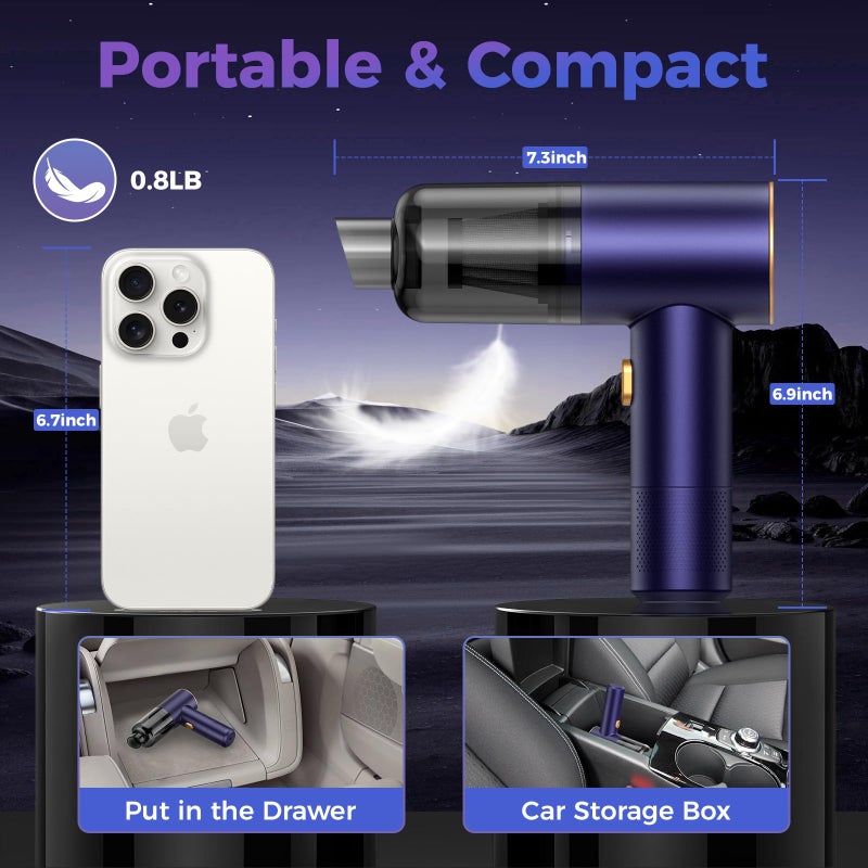 Vizeusvac Handheld Car Vacuum Portable Cordless,18000PA High Power Vacuum Cleaner with Brushless Motor.7 in 1 Mini Hand Held Vacuum Rechargeable AirDuster/Blower for Car,Home,Ofice,Pet - Image 4