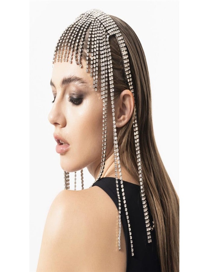 Xerling Rhinestones Tassel Cap Headband 1920s Flapper Fringe Head Chain Bridal Hair Band Silver Crystal Cleopatra Head Jewelry for Women - Image 1