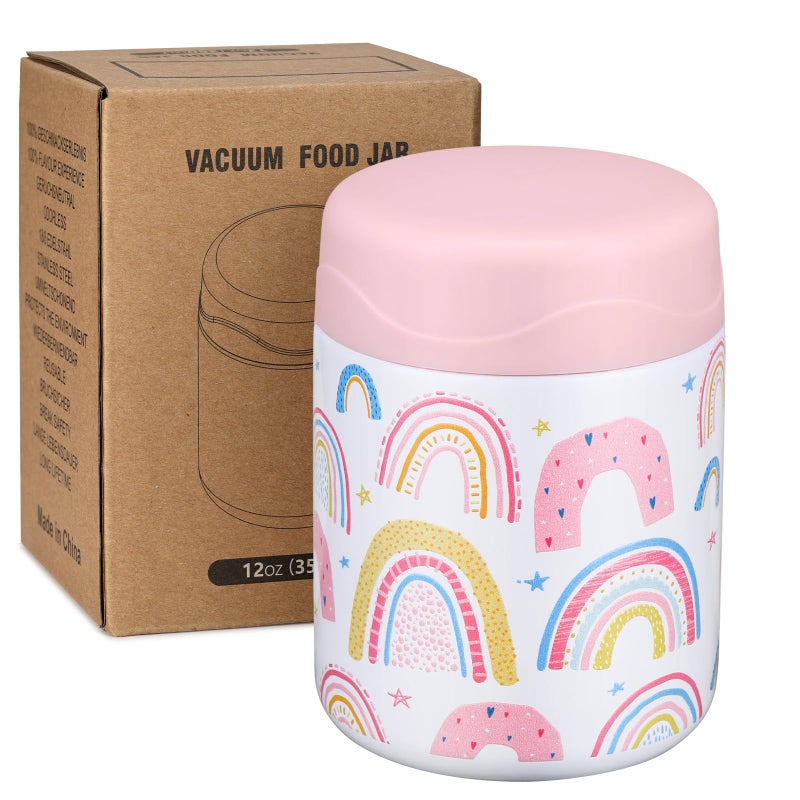 wiwens 12oz Soup Thermo for Hot Food Kids Insulated Food Jar Wide Mouth Lunch Container Leak Proof Stainless Steel Vacuum Bento Box for School Office Travel Outdoors WhiteRainbow