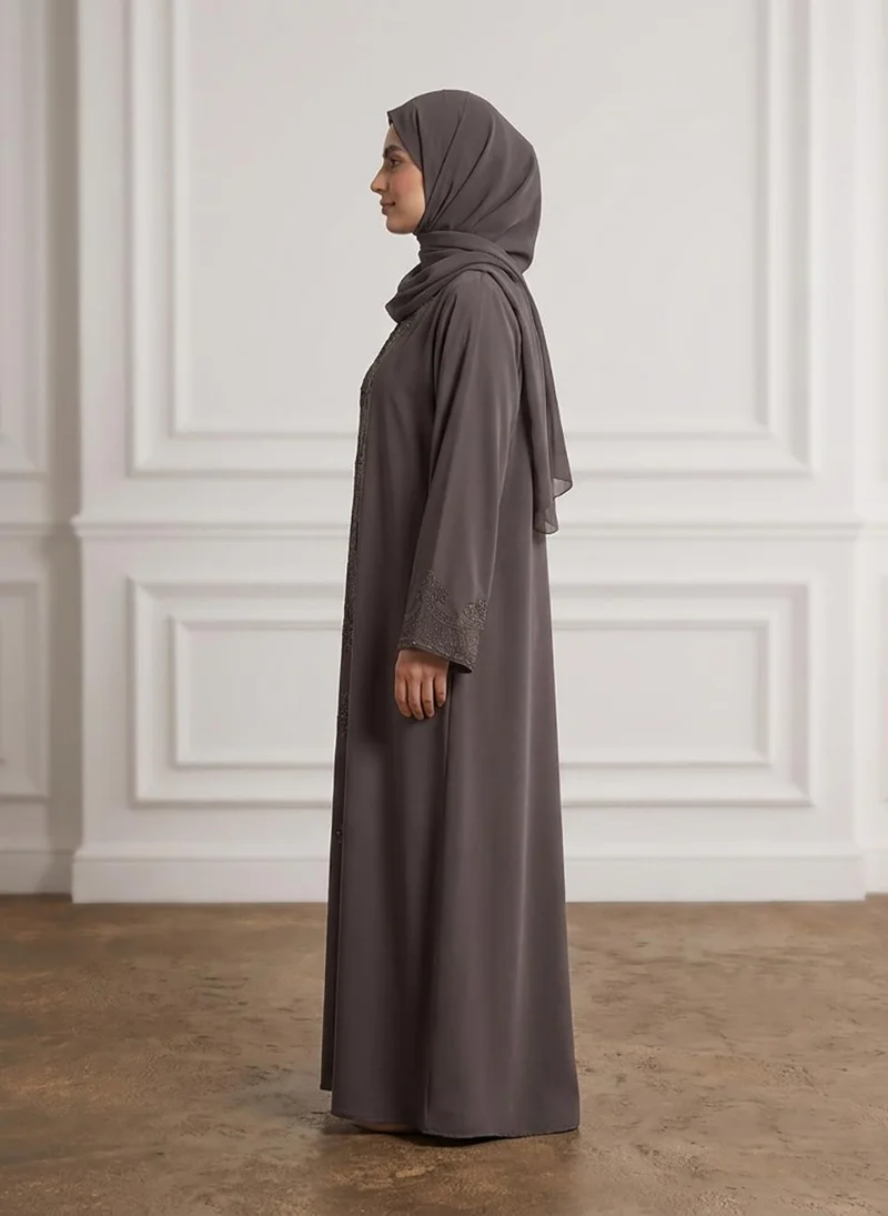 Nukhbaa  Charcoal Taupe Beaded Lace Crepe Abaya-958 for Women | Best Price UAE