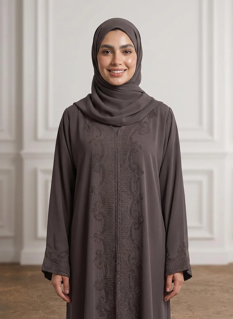 Nukhbaa Charcoal Taupe Beaded Lace Crepe Abaya-958