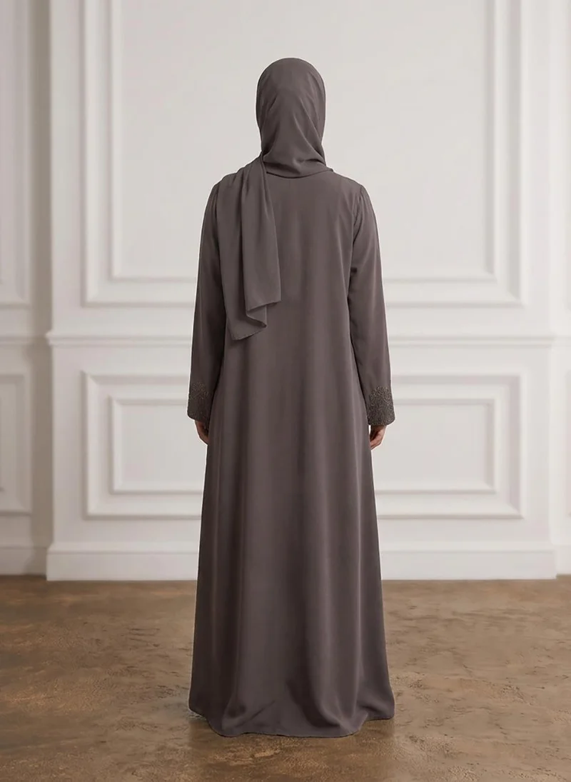Nukhbaa  Charcoal Taupe Beaded Lace Crepe Abaya-958 for Women | Best Price UAE
