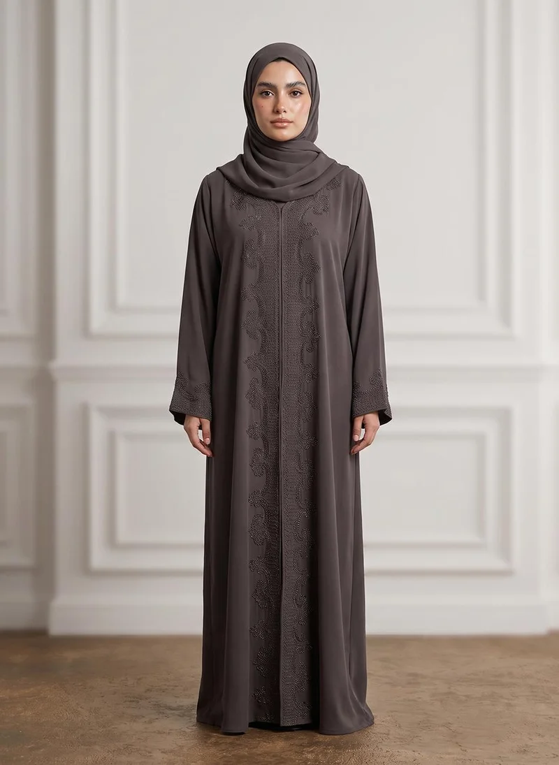 Nukhbaa Charcoal Taupe Beaded Lace Crepe Abaya-958