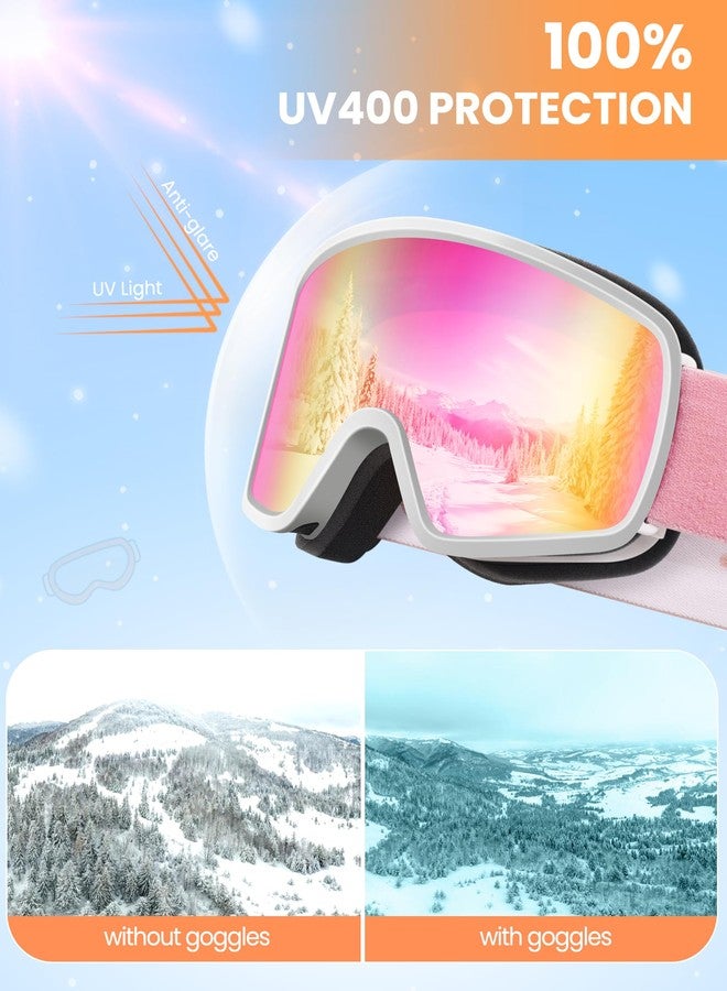 اوت دور ماستر نظارات التزلج على الجليد للأطفال من OutdoorMaster، نظارات ثلجية مع حماية 100% من الأشعة فوق البنفسجية، نظارات ثلجية للأطفال للأولاد والبنات الصغار (إطار أبيض، نسبة نفاذية الضوء 13.9% + عدسة وردية ريفو) - Image 2