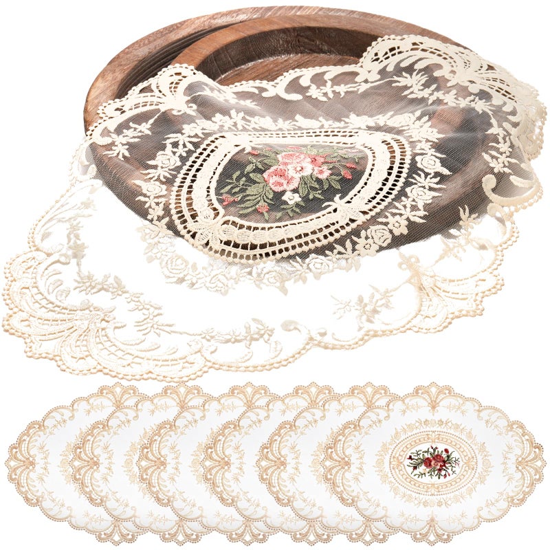 Mezchi 6 Pack Retro French Style Lace Placemats Embroidered Crochet Lace Placemat Vintage Victorian Decor Cup Mat for Coquette Room Decor French Country Decor 12x16 Beige Oval