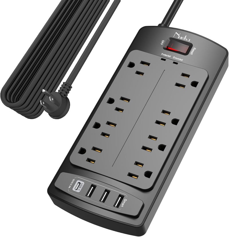 Nuetsa Surge Protector Power Strip - Flat Plug Extension Cord with 8 Outlets and 4 USB Ports, 20 Feet Power Cord (1625W/13A), 2700 Joules, ETL Listed, Black - Image 1