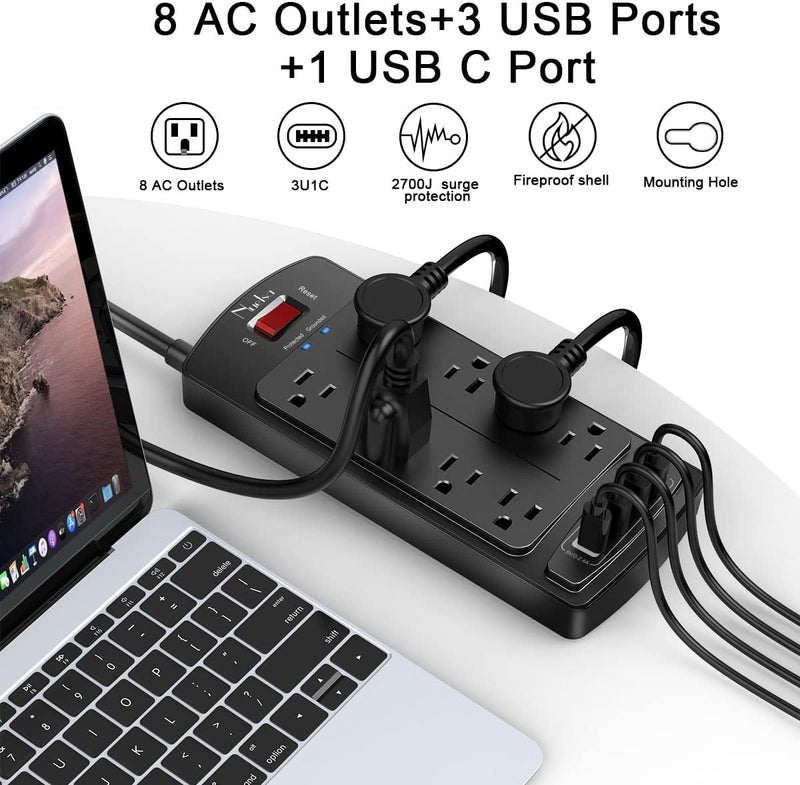 Nuetsa Surge Protector Power Strip - Flat Plug Extension Cord with 8 Outlets and 4 USB Ports, 20 Feet Power Cord (1625W/13A), 2700 Joules, ETL Listed, Black - Image 2