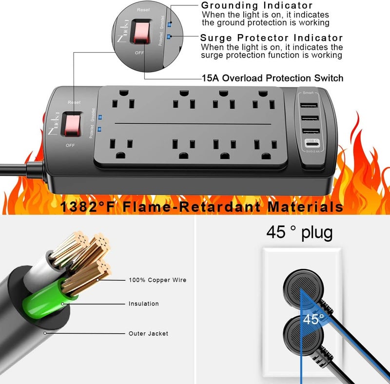 Nuetsa Surge Protector Power Strip - Flat Plug Extension Cord with 8 Outlets and 4 USB Ports, 20 Feet Power Cord (1625W/13A), 2700 Joules, ETL Listed, Black - Image 5