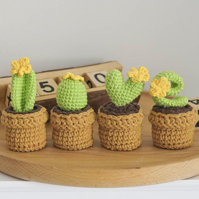 Yangshine 4 Pieces Mini Potted Succulent Plants Handmade Crochet Flowers Knitted Cactus Flowers for Home Office Car Dashboard Decoration Color #13 - Image 4