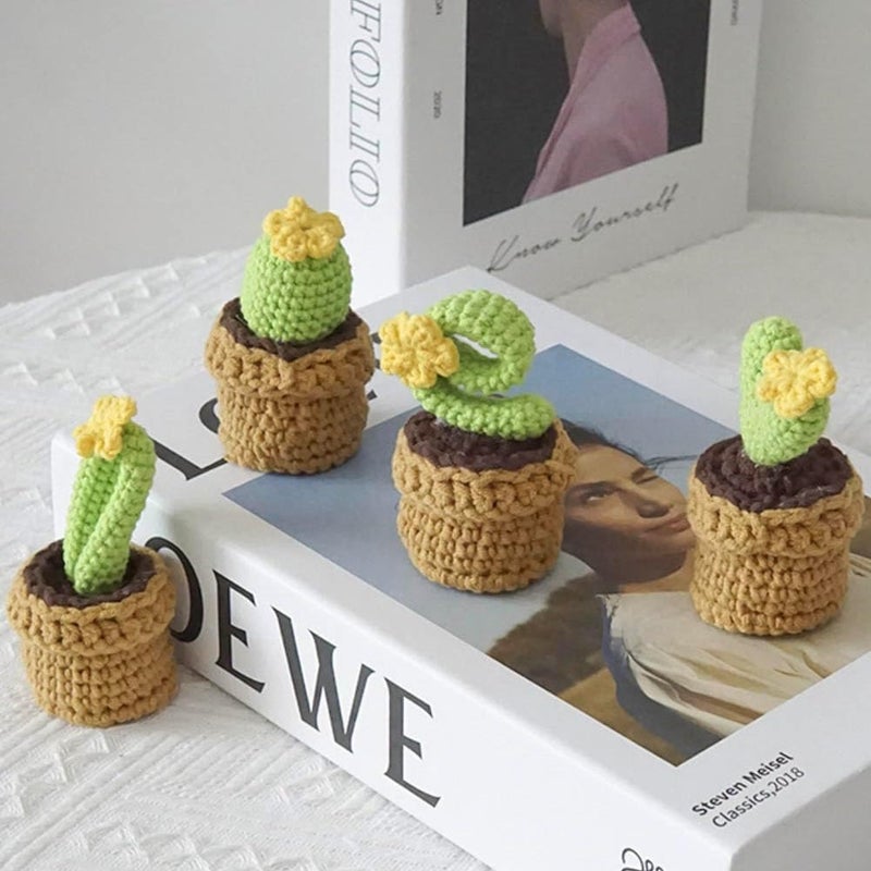 Yangshine 4 Pieces Mini Potted Succulent Plants Handmade Crochet Flowers Knitted Cactus Flowers for Home Office Car Dashboard Decoration Color #13 - Image 5