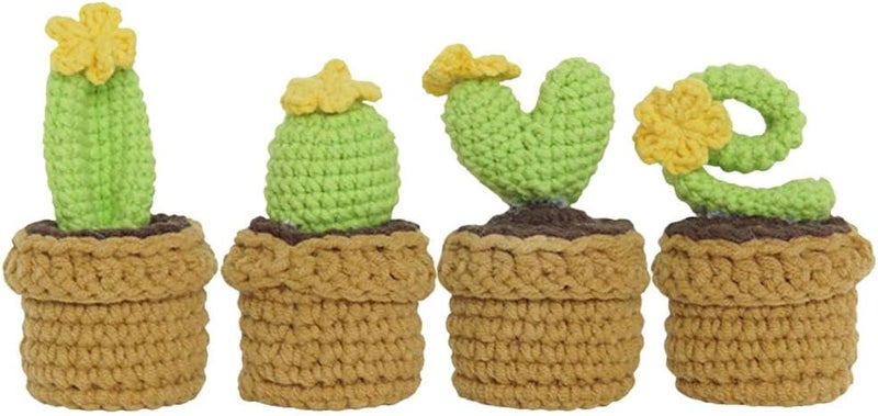 Yangshine 4 Pieces Mini Potted Succulent Plants Handmade Crochet Flowers Knitted Cactus Flowers for Home Office Car Dashboard Decoration Color #13 - Image 1