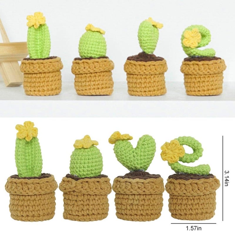 Yangshine 4 Pieces Mini Potted Succulent Plants Handmade Crochet Flowers Knitted Cactus Flowers for Home Office Car Dashboard Decoration Color #13 - Image 2