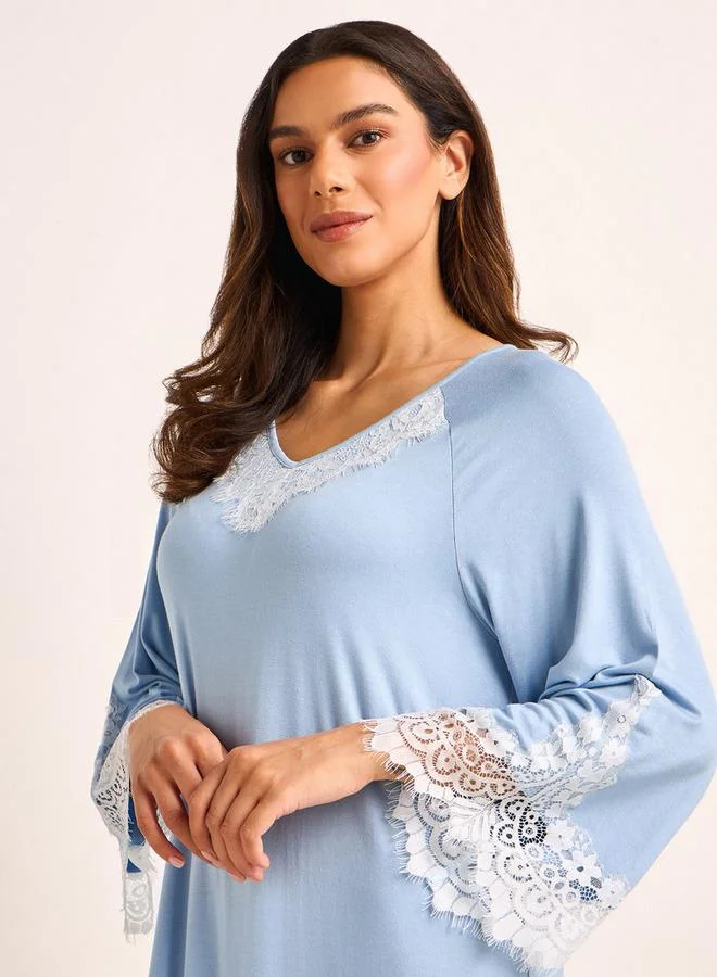 Splash FAV  Night Gown Long Sleeve Lace Trim for Women | Best Price UAE