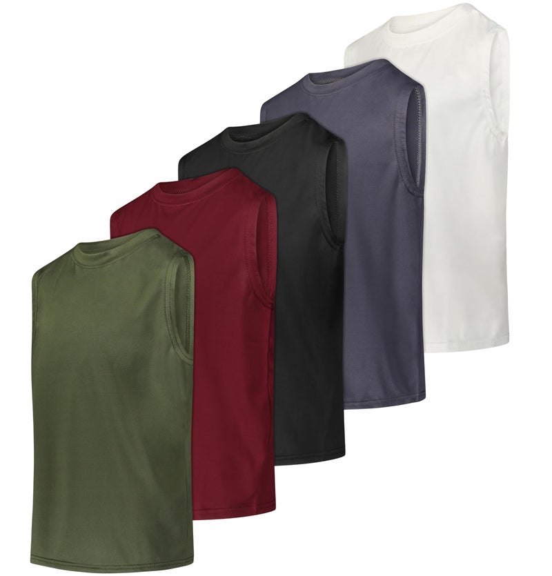 Real Essentials 5 Pack Boys Active Quick Dry Fit Tanks Tops Shirts Boy Tshirts Kids Muscle Tees Summer Sleeveless Sports Gym Workout Running Athletic Undershirt Breathable Hiking Set 6M1012