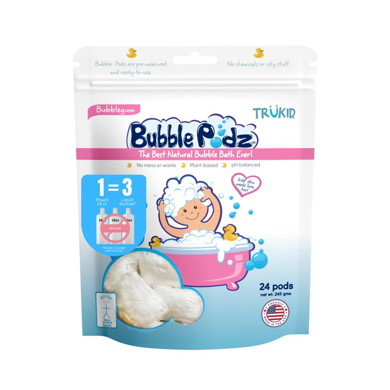 TruKid Bubble Podz Bubble Bath for Baby & Kids, Gentle Refreshing Bath Bomb for Sensitive Skin, pH Balance 7 for Eye Sensitivity, Natural Moisturizers and Ingredients, Bubble Gum (24 Podz) - Image 1