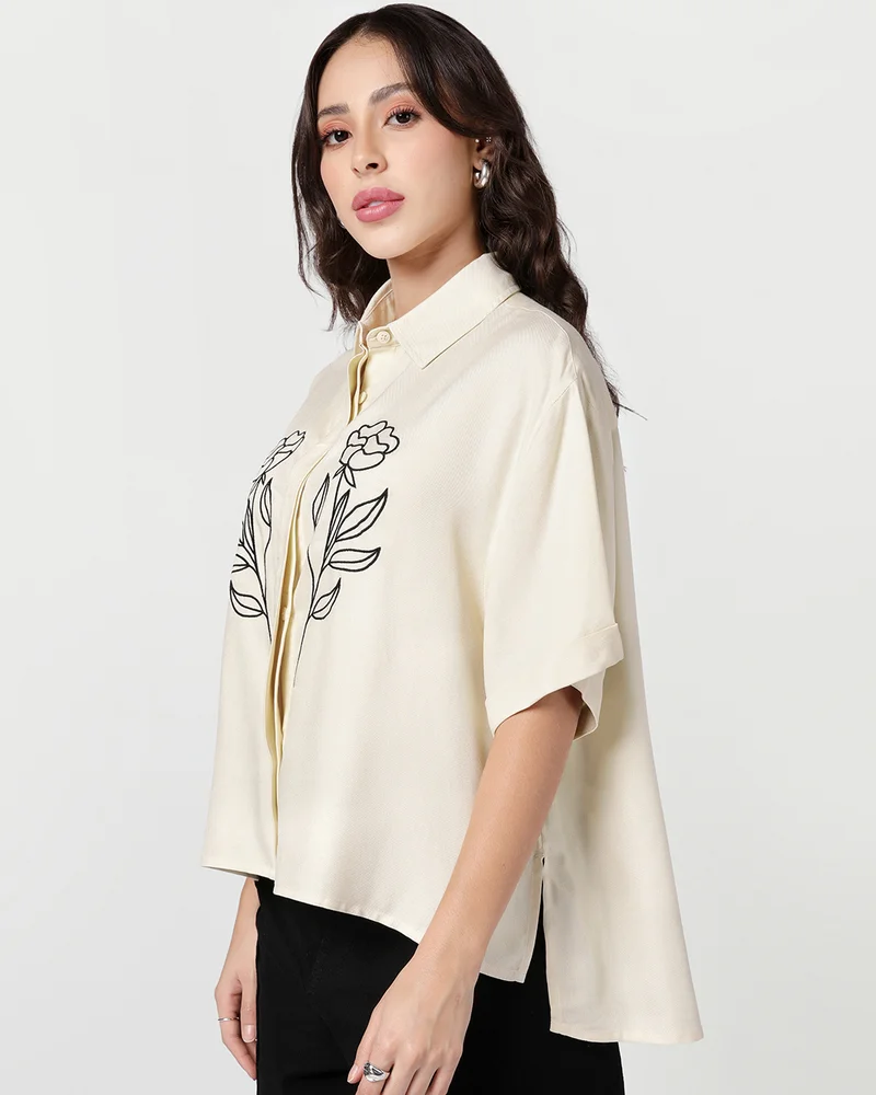 بيواكوف Women's Beige Embroidered Oversized Shirt