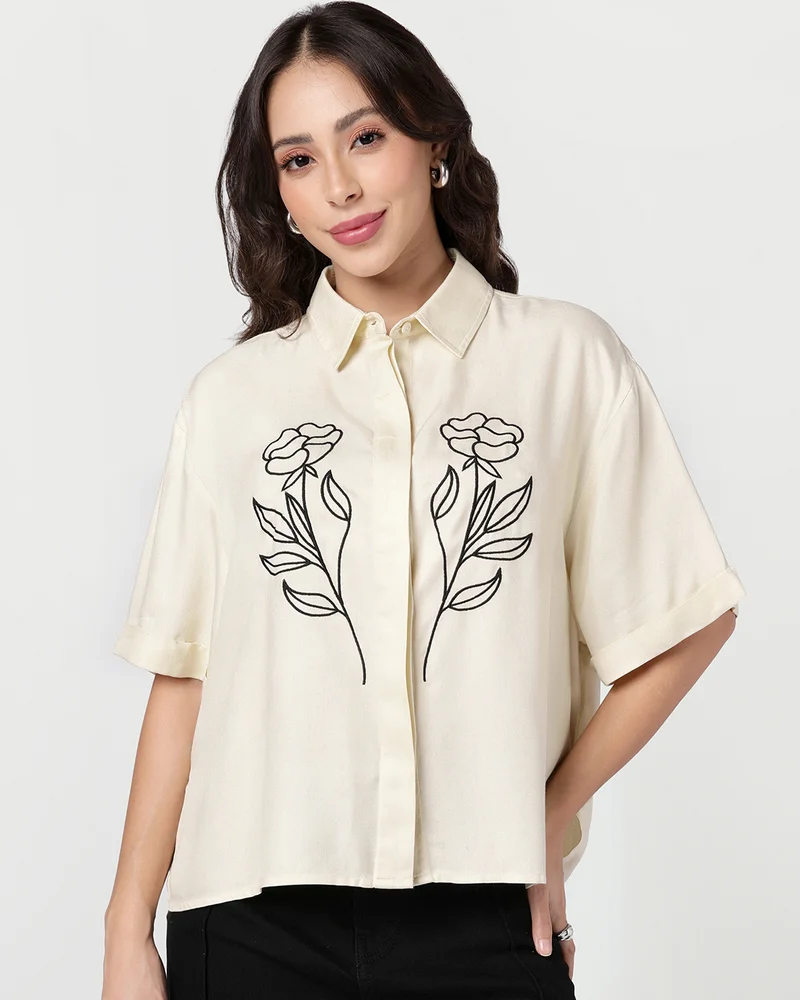 بيواكوف Women's Beige Embroidered Oversized Shirt
