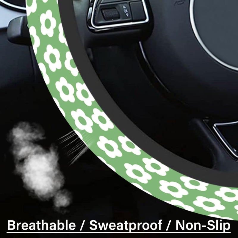 Pcnjozx Car Steering Wheel Cover For Women Men  Non-Slip Breathable Cute Steering Wheel Green Flowers Steering Wheel Protector  Car Accessories  Universal 14"" 02/2-15"" Fit Auto  Suvs - Image 3