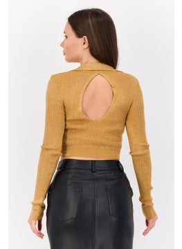 As You Women V Neck  Metallic Cut Out Long Sleeves Top, Gold  - Image 4