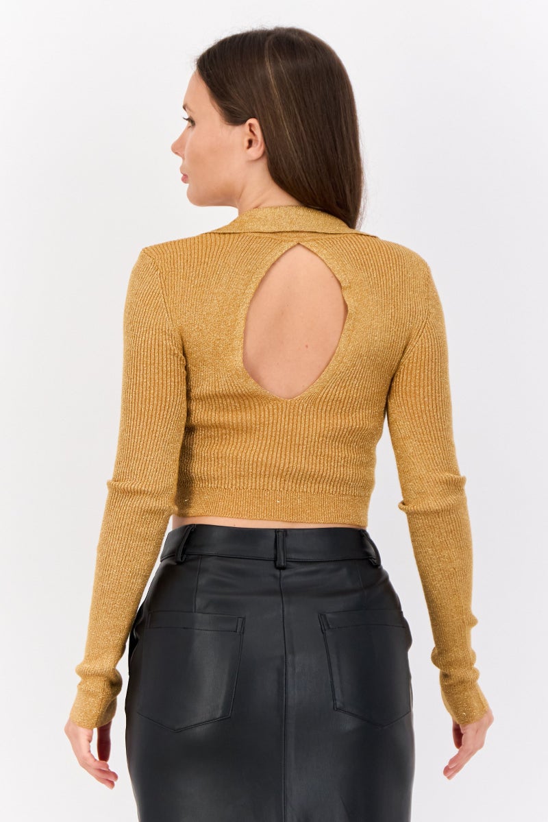 As You Women V Neck  Metallic Cut Out Long Sleeves Top, Gold - Image 4