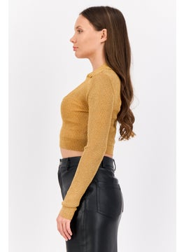 As You Women V Neck  Metallic Cut Out Long Sleeves Top, Gold  - Image 2