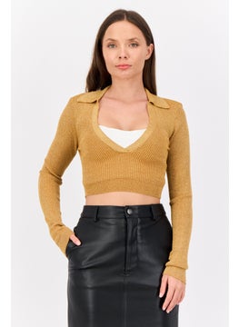 As You Women V Neck  Metallic Cut Out Long Sleeves Top, Gold  - Image 1