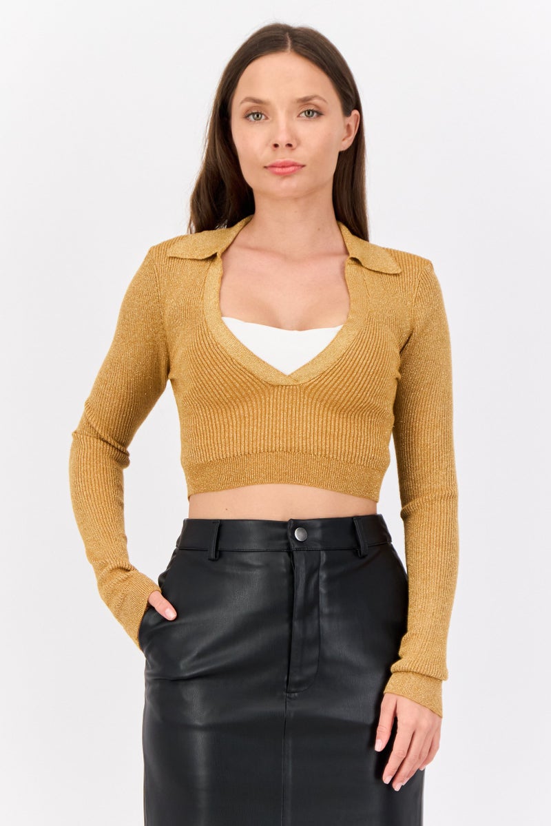 As You Women V Neck  Metallic Cut Out Long Sleeves Top, Gold - Image 1