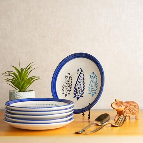 Caffeine Ceramic Handmade Blue boota Quarter Plate 7”(Set of 6) - Image 1