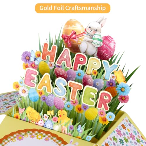Giiffu Happy Easter 3D Pop Up Card, Elegant Spring Greeting Card with Foil Lettering, Easter Bunny & Eggs Design, Gift Card Holder with Envelope for Family, Friends, Adults - Image 4