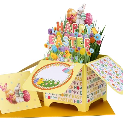 Giiffu Happy Easter 3D Pop Up Card, Elegant Spring Greeting Card with Foil Lettering, Easter Bunny & Eggs Design, Gift Card Holder with Envelope for Family, Friends, Adults - Image 1