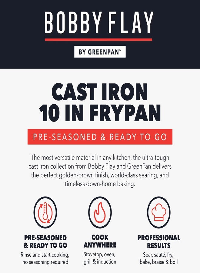 GreenPan x Bobby Flay 10” Cast Iron Pre-Seasoned Skillet with Helper Handle, Professional Grade Heavy Duty, Induction, Pour Spouts, Versatile Stovetop, Oven, BBQ Grill Fire, Indoor/Outdoor Use, Black - Image 5