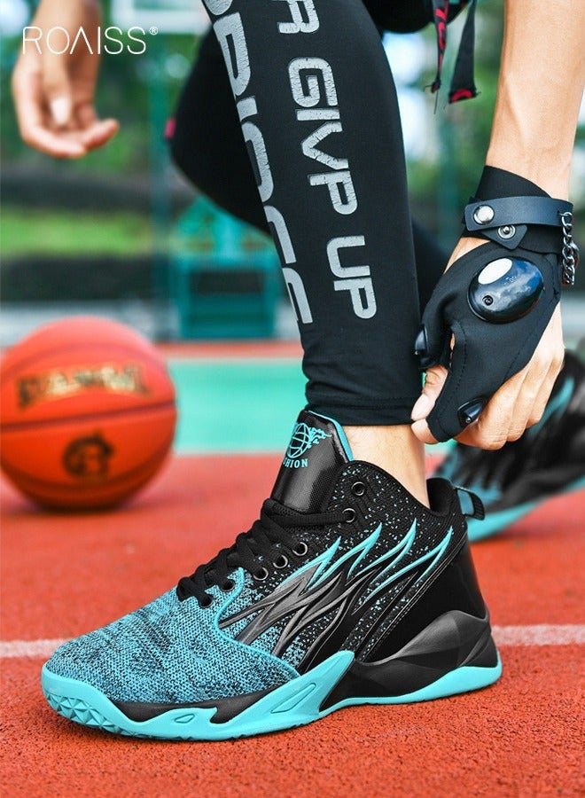roaiss High Top Basketball Sneakers for Men Flame Pattern Outdoor Non-slip Trainers Trendy Casual Lightweight Sports Shoes Men's Elastic Thick Sole Athletic Shoes for Teenagers Black Blue Colorblock Sneakers - Image 1