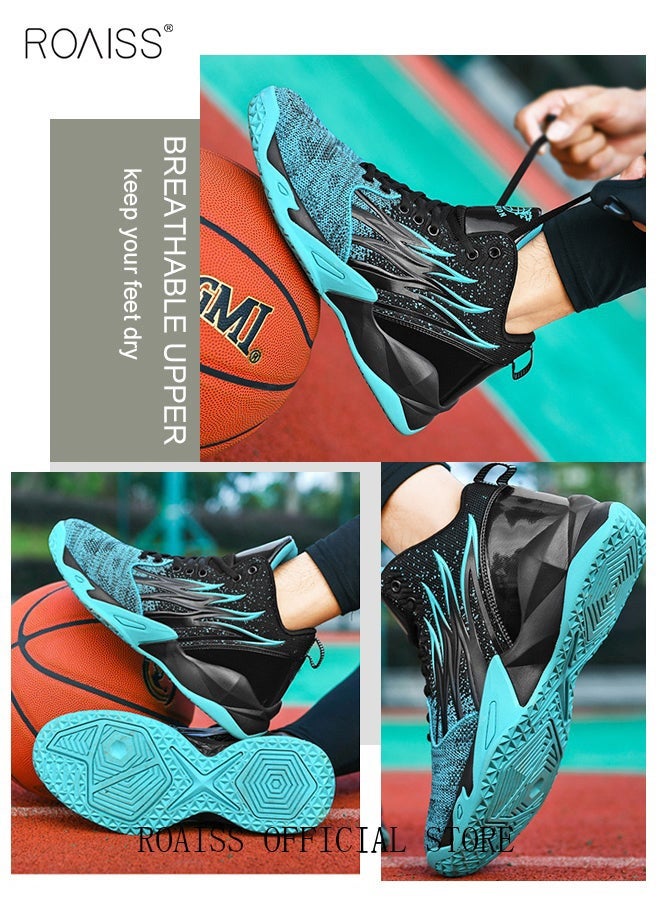 roaiss High Top Basketball Sneakers for Men Flame Pattern Outdoor Non-slip Trainers Trendy Casual Lightweight Sports Shoes Men's Elastic Thick Sole Athletic Shoes for Teenagers Black Blue Colorblock Sneakers - Image 4