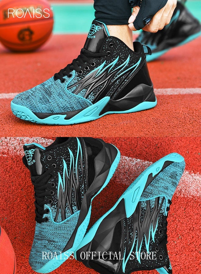 roaiss High Top Basketball Sneakers for Men Flame Pattern Outdoor Non-slip Trainers Trendy Casual Lightweight Sports Shoes Men's Elastic Thick Sole Athletic Shoes for Teenagers Black Blue Colorblock Sneakers - Image 3