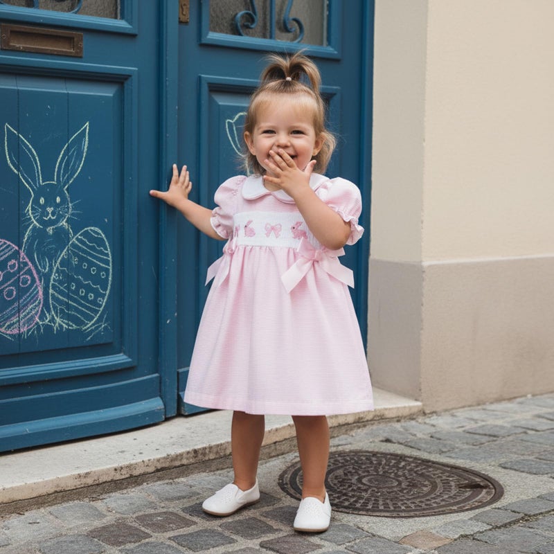 MoZiKQin Toddler Little Baby Girl Easter Outfit Bunny Embroidery Dress Short Sleeve Smocked Easter Dresses for Girls (Pink Striped Bunny Bow, 12-18 Months) - Image 4