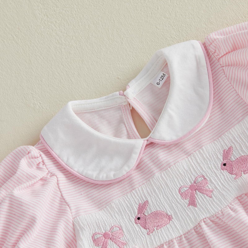 MoZiKQin Toddler Little Baby Girl Easter Outfit Bunny Embroidery Dress Short Sleeve Smocked Easter Dresses for Girls (Pink Striped Bunny Bow, 12-18 Months) - Image 5