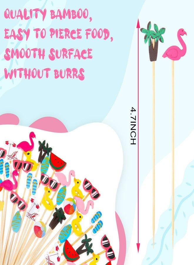 Irenare Summer Pool Beach Cocktail Picks Assorted Picks Tropical Cocktail Bamboo Flamingo Backdrop Ball Slipper Handmade Toothpicks for Appetizers Food Drinks Luau Hawaii Beach Party(100 Pcs) - Image 2