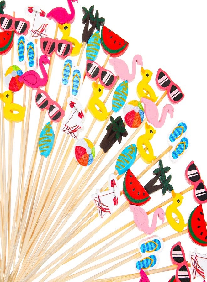 Irenare Summer Pool Beach Cocktail Picks Assorted Picks Tropical Cocktail Bamboo Flamingo Backdrop Ball Slipper Handmade Toothpicks for Appetizers Food Drinks Luau Hawaii Beach Party(100 Pcs) - Image 1