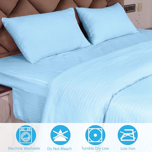 Daksh Premium Cotton 300TC Stain Striped King Size Duvet Cover/Quilt/Razai/Comforter Cover 102" x 110" with 2 Pillow Covers - Sky Blue - Image 2