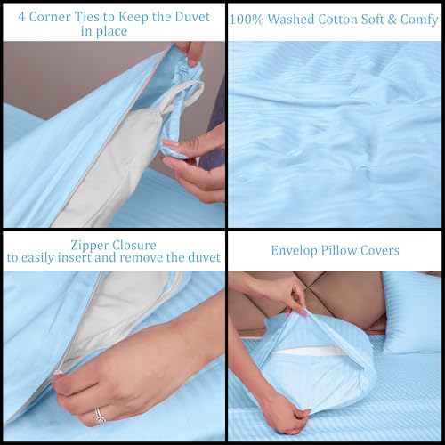 Daksh Premium Cotton 300TC Stain Striped King Size Duvet Cover/Quilt/Razai/Comforter Cover 102" x 110" with 2 Pillow Covers - Sky Blue - Image 3