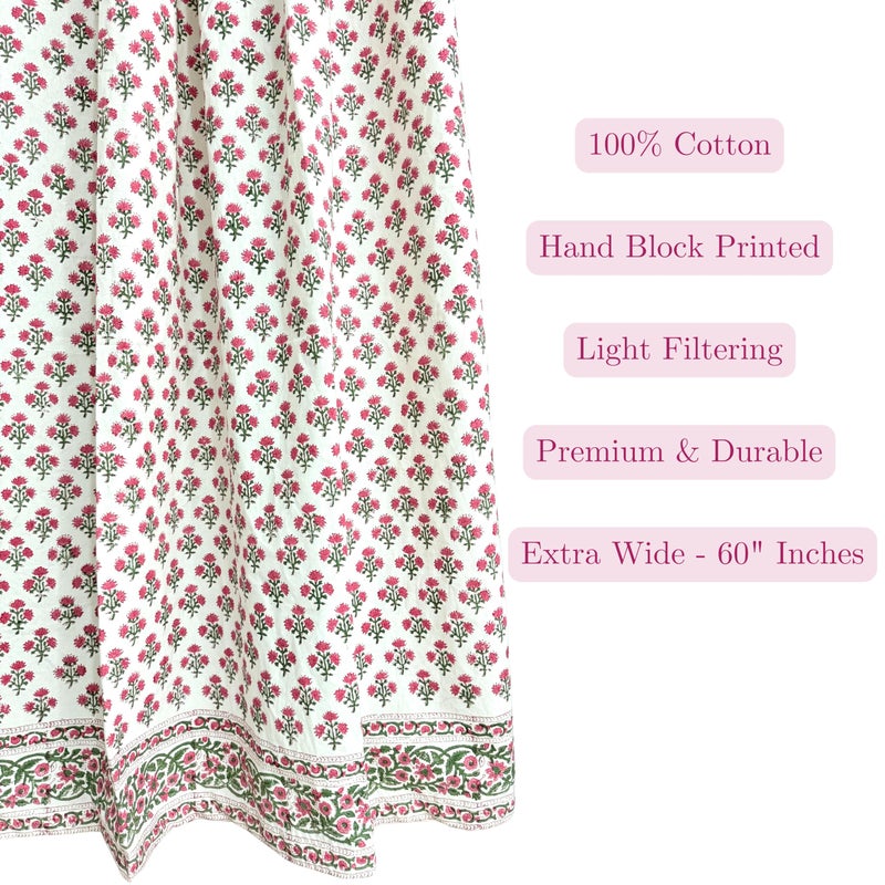 ATOSII 100% Cotton Single Panel Floral Block Print Curtain, Easy Hanging with Rod Pocket & Loop, Living Room, Dining Room, Bedroom Light Filtering Boho Curtains, Set of 1, 60"W X 84"L, Gulbahar Pink - Image 2
