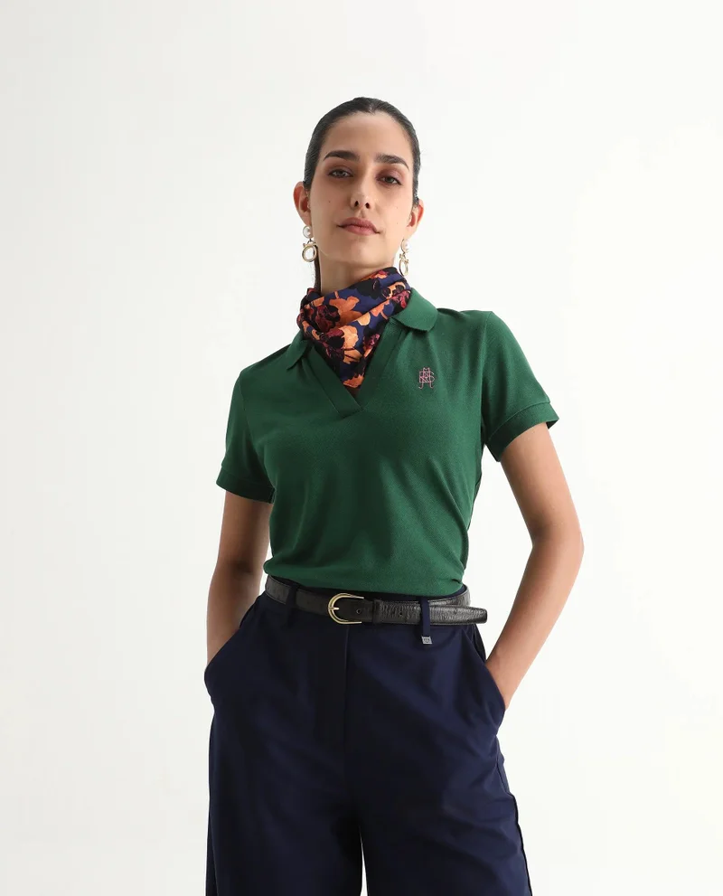 Rareism Women's Cotton Lycra Polo With Classic Collar