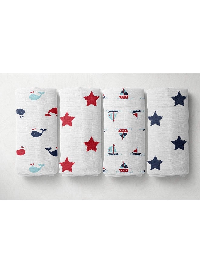 Bacati Set of 4 Little Sailor Muslin Swaddling Blankets, Blue/Red - Image 1
