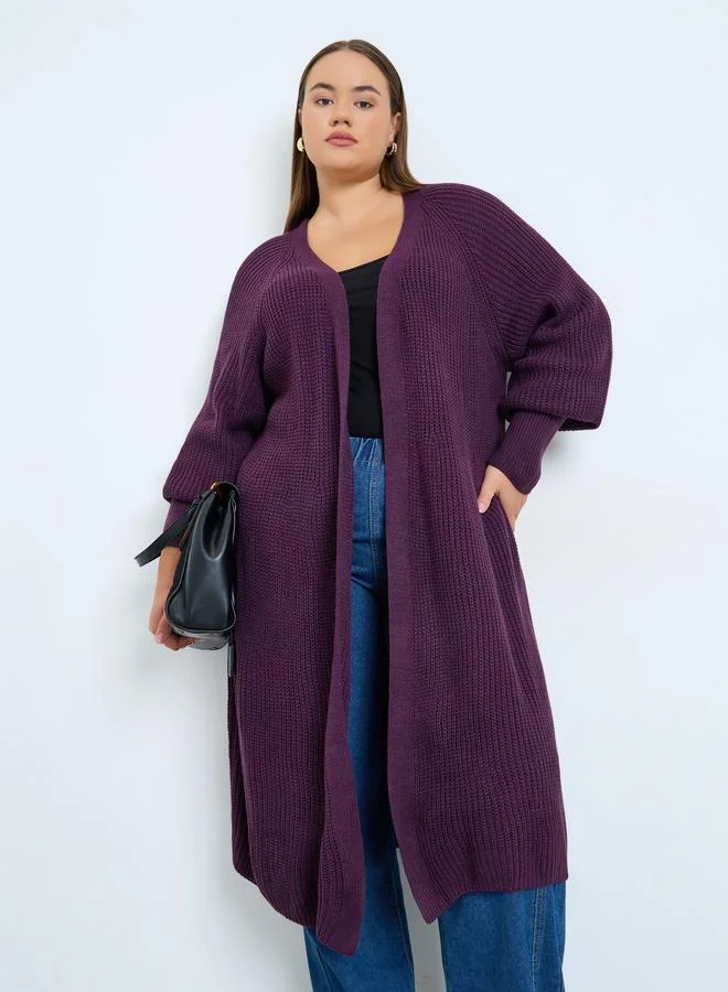 Styli Plus Size Purple Chunky Knit Long Cardigan