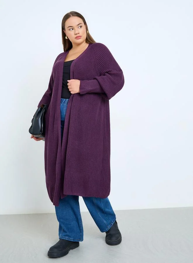 Styli Plus Size Purple Chunky Knit Long Cardigan