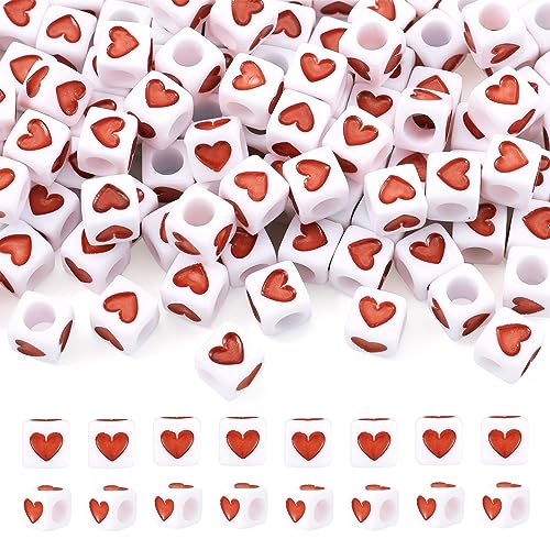 Beadthoven 100pcs White Acrylic Heart Cube Beads 7mm Plastic Cube Pony Beads Red Love Heart Large Hole Acrylic Beads for Necklace Bracelet Keychains Jewelry Making Supplies Hole 4mm