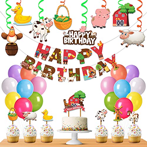Festiko Farm House Animal Theme Happy Birthday Party Decoration Combo (36 Pcs)|Farm House Animals Party Favors For Kids Birthday Decoration(Banner/Bunting|Swirls|Balloons|Cup Cake Topper|Ribbons) - Image 1